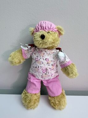 Plushland Nurse Teddy Bear Plush Pink Floral Scrubs Doctor Outfit Used